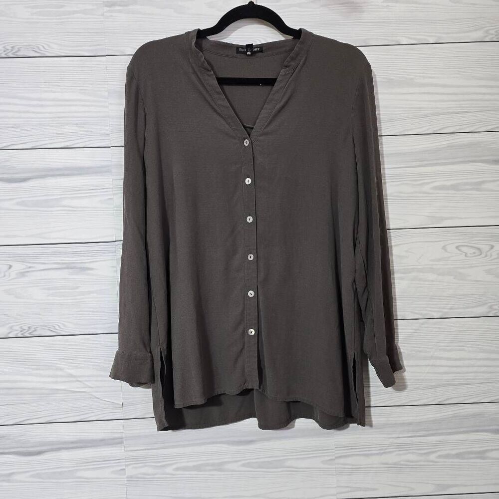 Eileen Fisher Grey Silk Button Up Blouse MP Dressy Office Basic Mature Minimalis